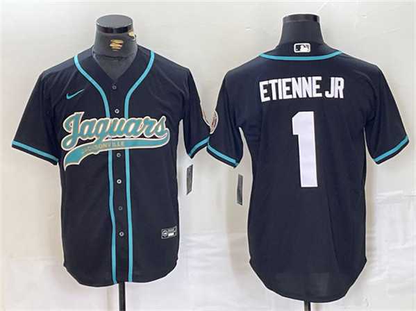 Mens Jacksonville Jaguars #1 Travis Etienne Jr. Black With Patch Cool Base Baseball Stitched Jersey